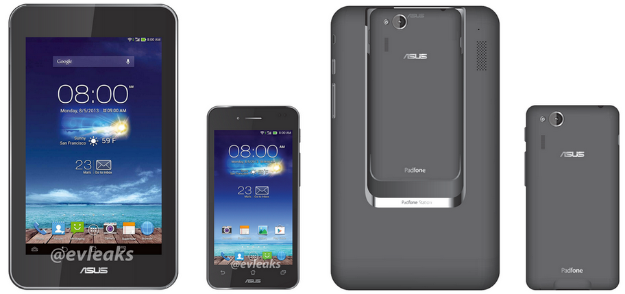 The Asus Padfone mini, and the 7 inch tablet dock, both front and back - Image of Asus Padfone mini leaks