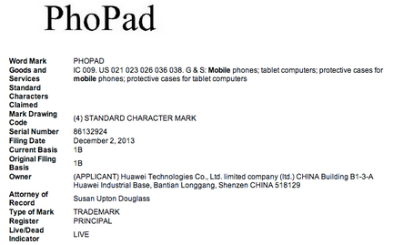 Huawei trademarks PhoPad name - Huawei trademarks PhoPad name in the U.S.