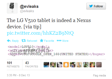 Is the LG-V510 a Nexus device? This tweet from evleaks votes in the affirmative - Tweet news: LG-V510 tipped to be a Nexus device