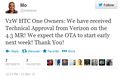 Tweet from HTC executive reveals Verizon's intentions to update its HTC One early next week to Android 4.3 - Verizon's HTC One penciled in for Android 4.3 update early next week