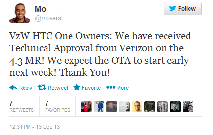 Tweet from HTC executive reveals Verizon&#039;s intentions to update its HTC One early next week to Android 4.3 - Verizon&#039;s HTC One penciled in for Android 4.3 update early next week