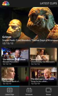 Screenshots from the NBC app for BlackBerry 10 - Watch clips from NBC shows on the network's new app for BlackBerry 10