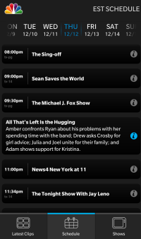 Screenshots from the NBC app for BlackBerry 10 - Watch clips from NBC shows on the network's new app for BlackBerry 10
