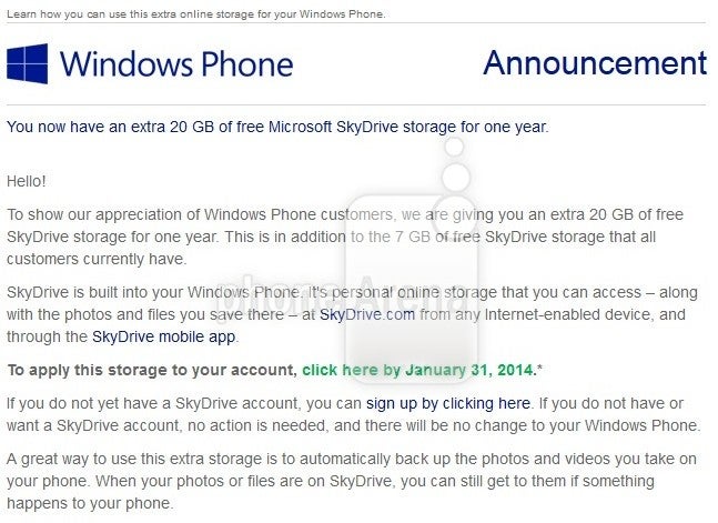 Microsoft offering extra 20GB of SkyDrive storage to Windows Phone users