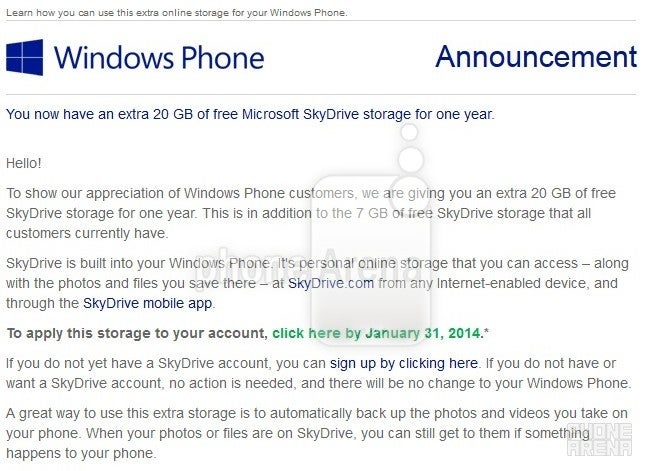 Microsoft offering extra 20GB of SkyDrive storage to Windows Phone users