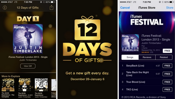 Screenshots from the 12 Days of Gifts app - App brings iOS 7 users 12 days of free gifts from Apple, starting Thursday