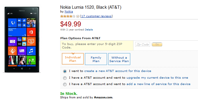 The Nokia Lumia 1520 can be purchased from Amazon for $49.99 on contract - Pick up the Nokia Lumia 1520 from Amazon for $49.99 with a two-year pact