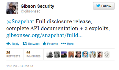Gibson's Christmas Eve tweet revealed the exploits - Snapchat comments on alleged exploits that crack the wall of secrecy on the app