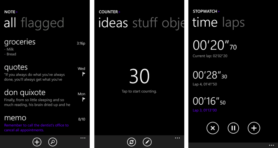 Screenshots from Note+, Counter+ and Stopwatch+ - Trio of free productivity apps available in the Windows Phone Store