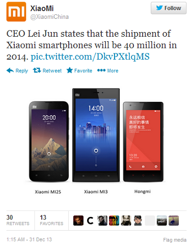 Xiaomi tweets about its lofty goals for 2014 - Chinese handset manufacturer Xiaomi has big plans for the new year