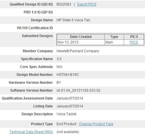 HP Slate 6 Voice Tab listed at the Bluetooth SIG. Is it a new Android phablet?