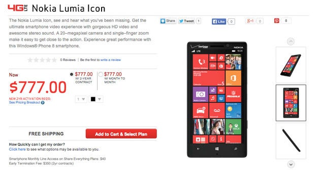 Nokia Lumia Icon (929) briefly listed at Verizon's website with a hefty price attached