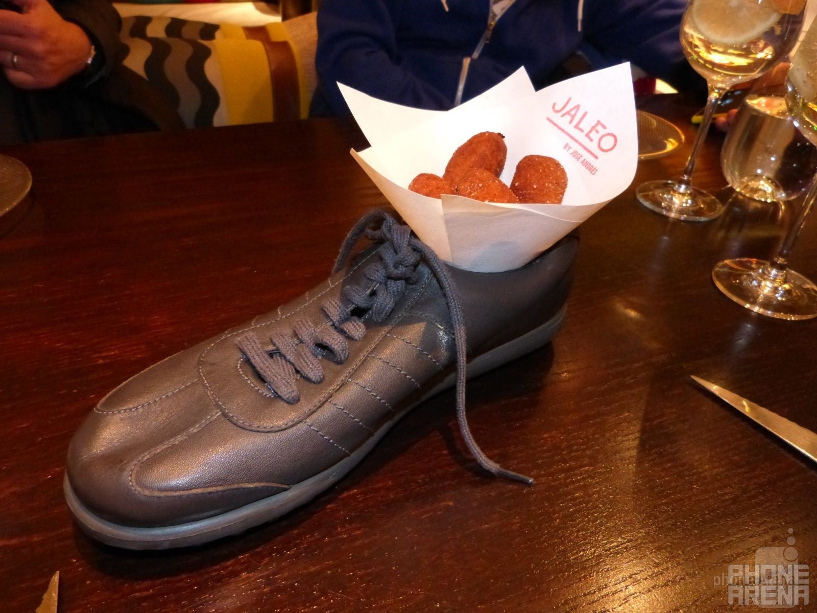 Yes, that is food being served in a shoe, a trademark of the Jaleo restaurant - PhoneArena joins Nokia’s VP &amp; GM of Developer Experience for dinner at CES 2014