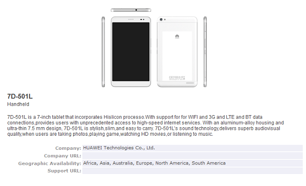 THe Huawei 7D-501L has received its Bluetooth certification - Ultra-thin Huawei tablet gets Bluetooth certification