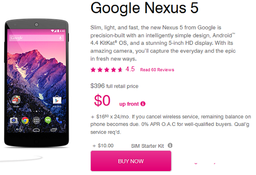T-Mobile has cut $54 off the price of a 16GB Nexus 5 - T-Mobile cuts its price on the 16GB Nexus 5