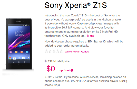 You can now order the Sony Xperia Z1S online from T-Mobile for zero down - Sony Xperia Z1S now available online from T-Mobile for zero down