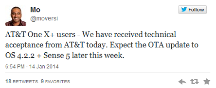 Tweet from HTC executive reveals this week's Android 4.2.2 update for AT&amp;T's HTC One X+ - It's the end of the line as Android 4.2.2 and Sense 5 come to the AT&T branded HTC One X+ this week