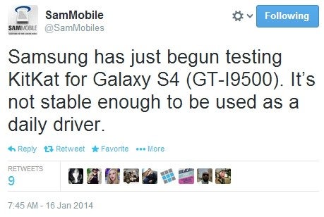 Android 4.4 KitKat update for Samsung Galaxy S4 GT-I9500 in testing now?