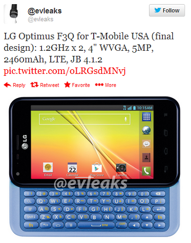 Tweet reveals final build, specs and image of the LG Optimus F3Q - Latest image of QWERTY equipped LG Optimus F3Q leaks just days before expected launch