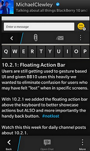 A Floating Action Bar is coming to BlackBerry - BlackBerry 10.2.1 features a &quot;Floating Action Bar&quot; that gives users a back button