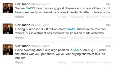 Carl Icahn tweets about Apple - Icahn investment in Apple hits $3 billion; says buying the stock is a &quot;no brainer&quot;