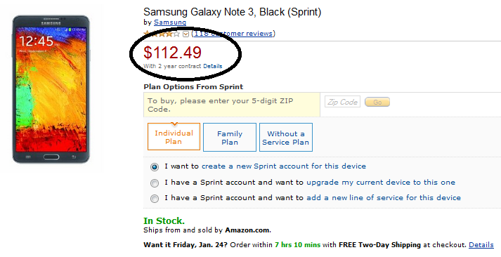 The Sprint version of the Samsung Galaxy Note 3 is on sale at Amazon - Sprint&#039;s Samsung Galaxy Note 3 available from Amazon for as low as $112.49 with two-year pact