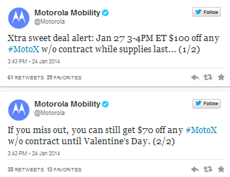 Motorola has a couple of deals for the Motorola Moto X - You have 60 minutes on Monday to buy the Motorola Moto X for $299