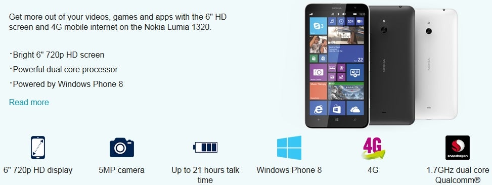 Nokia Lumia 1320 available in the US (unlocked), will be launched in the UK next month