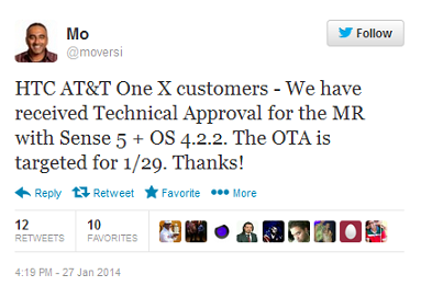 Tweet from HTC executive says Android 4.2.2 is coming soon to the AT&amp;T HTC One X - Android 4.2.2 update starts pushing out January 29th to the AT&T HTC One X