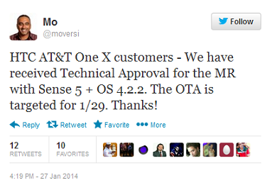 Tweet from HTC executive says Android 4.2.2 is coming soon to the AT&amp;amp;T HTC One X - Android 4.2.2 update starts pushing out January 29th to the AT&amp;T HTC One X