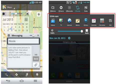 QSlide in action (L) and the notification bar - LG to offer QSlide SDK so that third party apps can use the feature