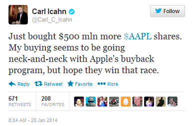Carl Icahn now owns $4 billion in Apple shares - Icahn takes advantage of Apple's falling stock price and buys another $500 million of the shares