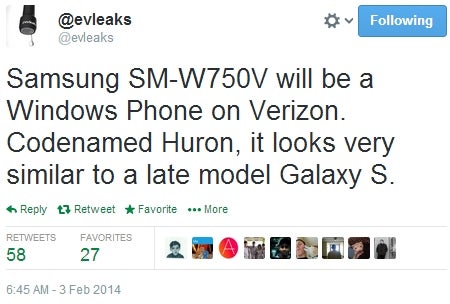 Verizon's Windows Phone-based Samsung SM-W750V reportedly resembles a Galaxy S