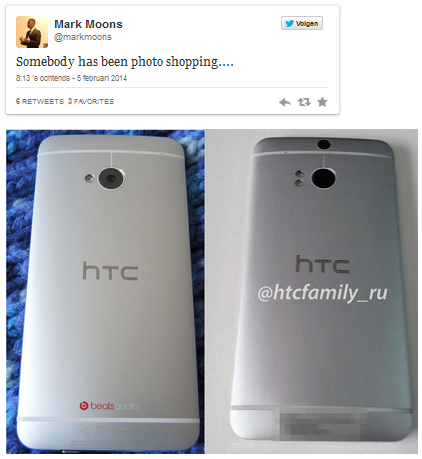 HTC Director Benelux Marc Moons tweets that the image of the M8 at right, is a fake. At left is the HTC One. - HTC director shoots down M8 image as a photoshopped fake