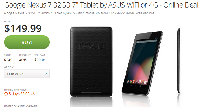 Order the Nexus 7 (2012) from Groupon for $149.99 - Buy the Wi-Fi or HSPA+ Nexus 7 (2012) from Groupon for just $149.99