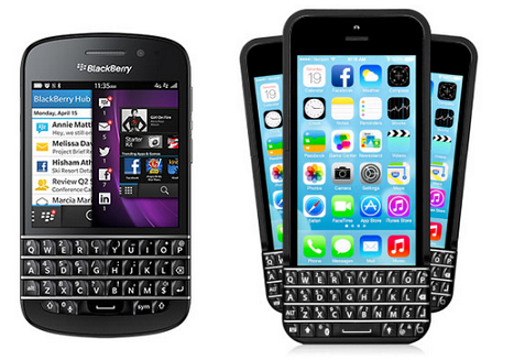 BlackBerry Q10 (L) and an Apple iPhone wearing the Typo keyboard - Typo fights back, says BlackBerry has no sales that it could impact with its product