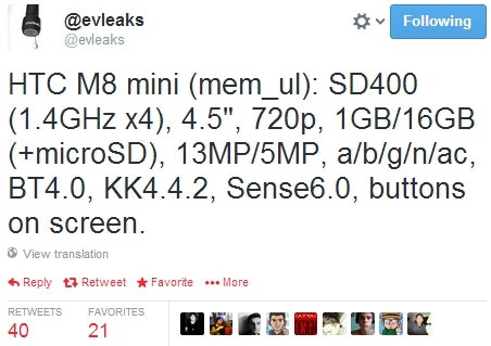 HTC M8 (One 2) Mini specs leaked: 4.5-inch 720p screen, Android KitKat, Snapdragon 400 CPU