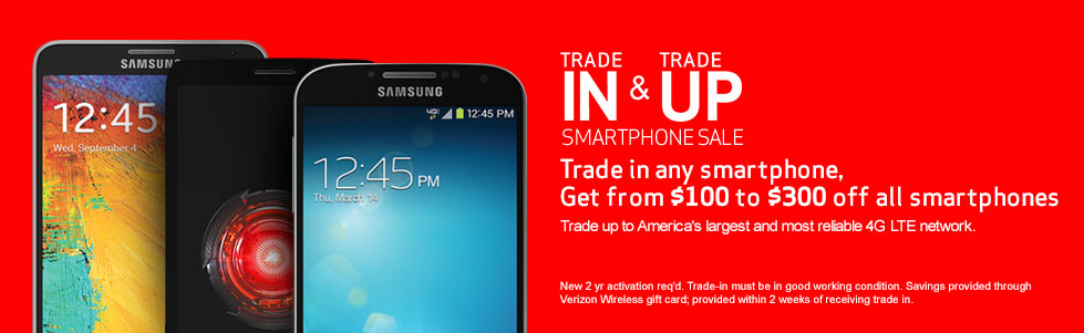Trade in a used smartphone and receive a $100 to $300 gift card from Verizon - Big Red offering magenta-tinged deals