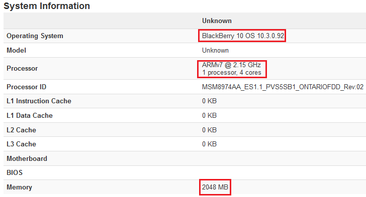 Unannounced BlackBerry "Ontario" is benchmarked - BlackBerry "Ontario" handset spotted on benchmark site, quad-core Snapdragon 800 processor in tow