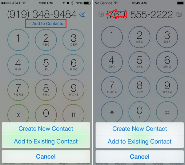 On the right, the new icon to tap when adding a number just called to your contacts list; at left, the old method - Next month we should see iOS 7.1 released; here are some of the changes