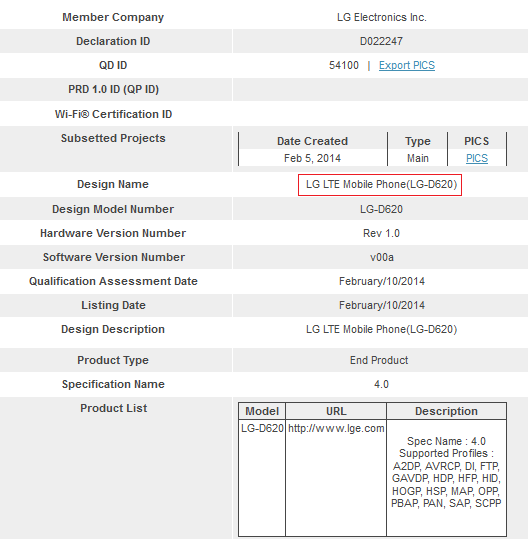 The LG G2 mini (LG D620) receives its Bluetooth certification - LG G2 mini (LG D620) gets Bluetooth certification