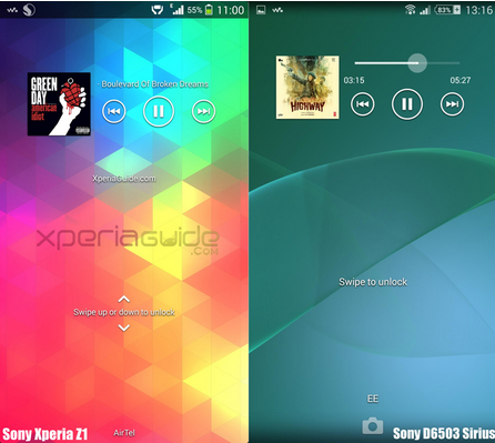 Screenshot of Android 4. powered Sony Xperia Z1 (L) and Android 4.4 powered Sony D6503 Sirius - Screenshots compare Walkman lock screens of Sony Xperia Z1 and Sony D6503 Sirius