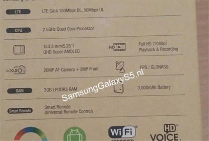 Alleged Galaxy S5 box snap lists 5.25" Quad HD screen, 20 MP camera and 3000 mAh battery