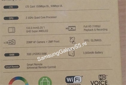 Alleged Galaxy S5 box snap lists 5.25&quot; Quad HD screen, 20 MP camera and 3000 mAh battery