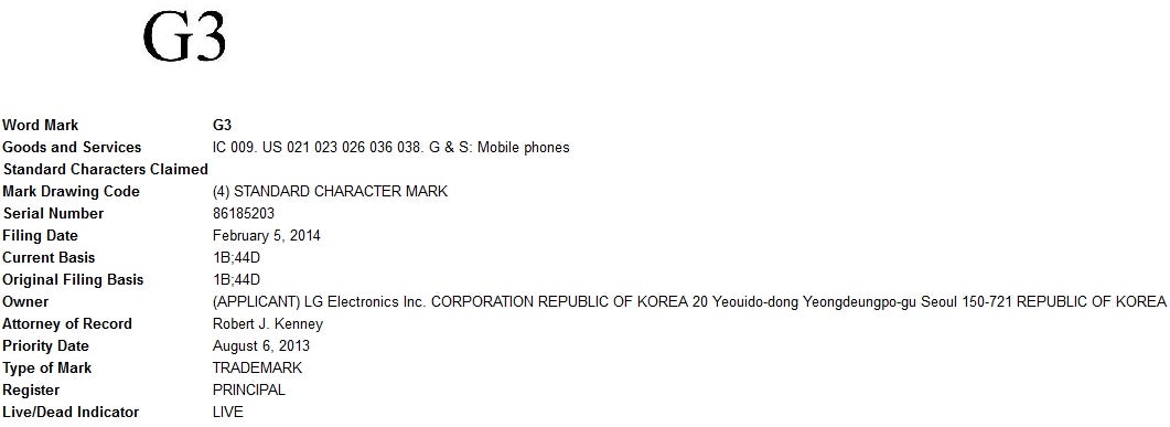 LG G3 name to be trademarked with the USPTO