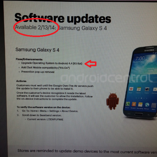 Leaked internal Sprint document points to an update tomorrow to Android 4.4 for Sprint owners of the Samsung Galaxy S4 - Sprint&#039;s Samsung Galaxy S4 gets KitKat starting tomorrow says leaked internal document