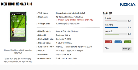 The Nokia X A110 is priced on an online Vietnamese store - Nokia X A110 (Normandy) is priced in Vietnam