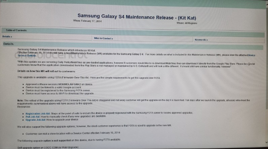 Leaked internal document reveals that the Samsung Galaxy S4 update to Android 4.4 will begin Wednesday - Leaked internal document reveals U.S. Cellular's Samsung Galaxy S4 to get KitKat February 19th
