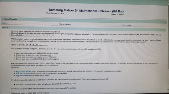 Leaked internal document reveals that the Samsung Galaxy S4 update to Android 4.4 will begin Wednesday - Leaked internal document reveals U.S. Cellular&#039;s Samsung Galaxy S4 to get KitKat February 19th