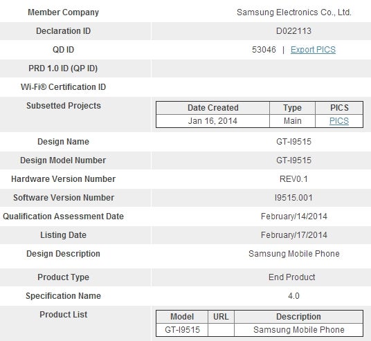 Samsung GT-I9515 (Galaxy S4 Value Edition?) approved by the Bluetooth SIG